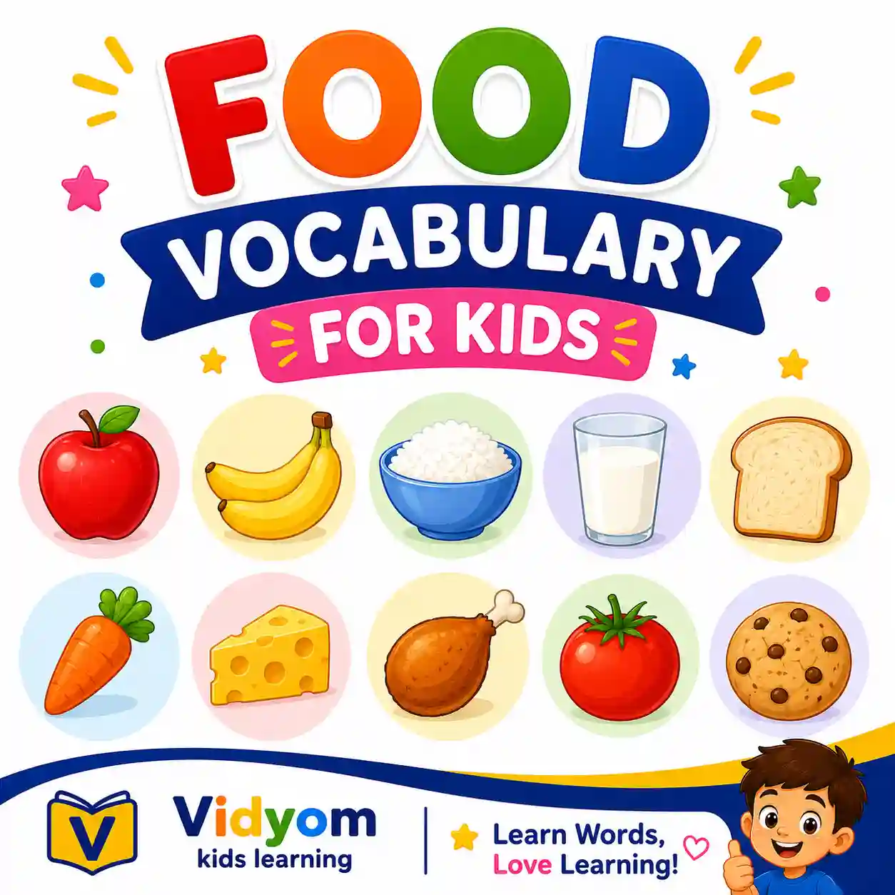 Children learning food vocabulary including fruits vegetables drinks meals tastes and kitchen actions