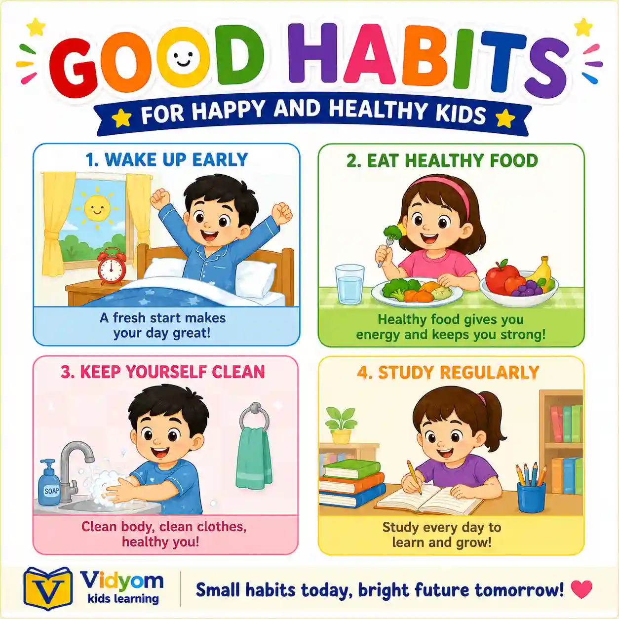 Children practising good morning cleanliness and study habits at home and school