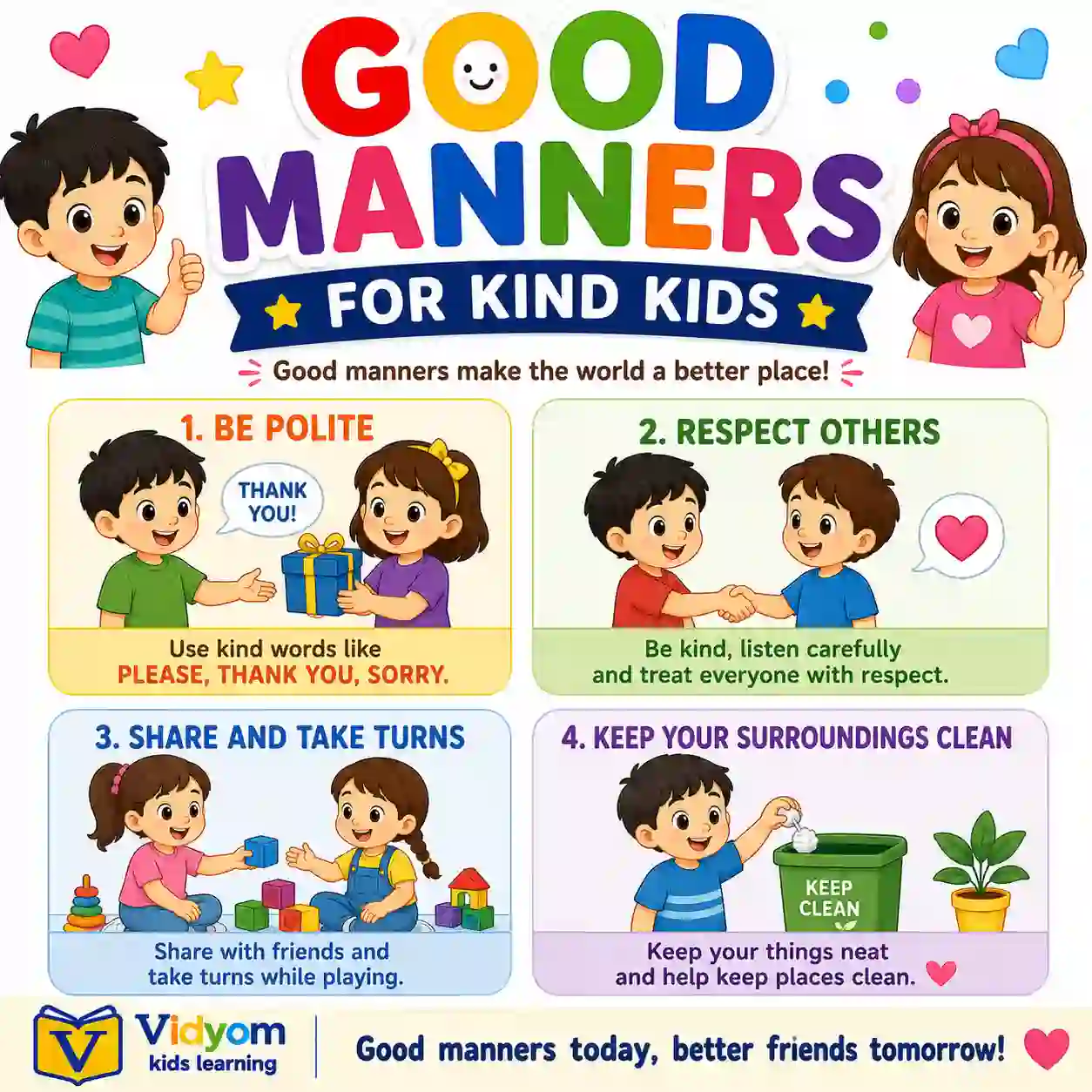 Children practising good manners at home school and public places