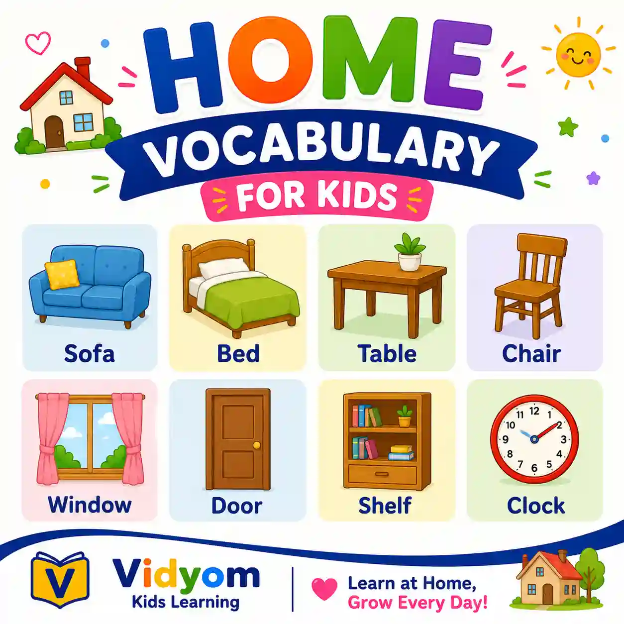 Children learning home vocabulary for the living room kitchen bedroom bathroom dining room and household actions