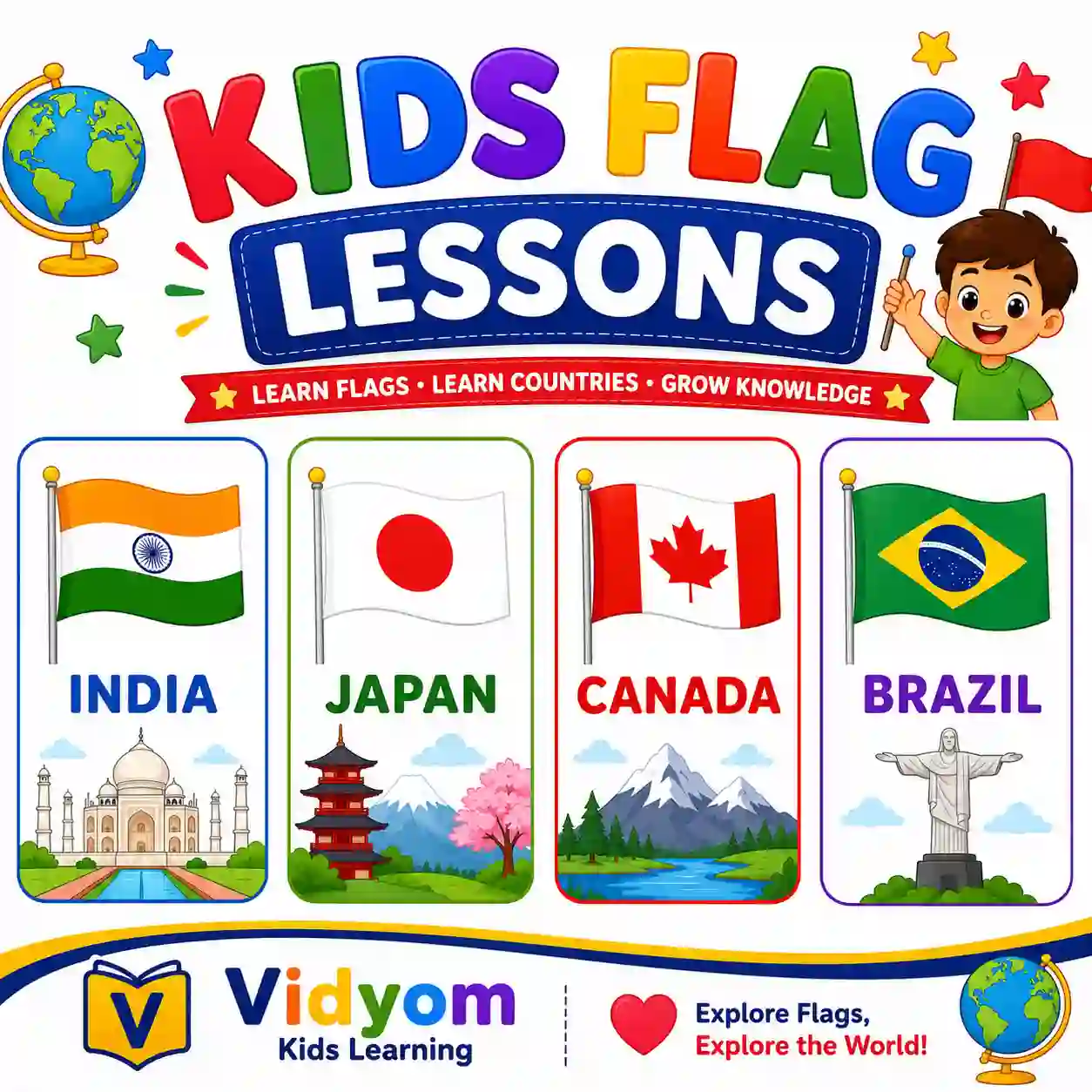Children learning country flags with names maps colours symbols and world geography