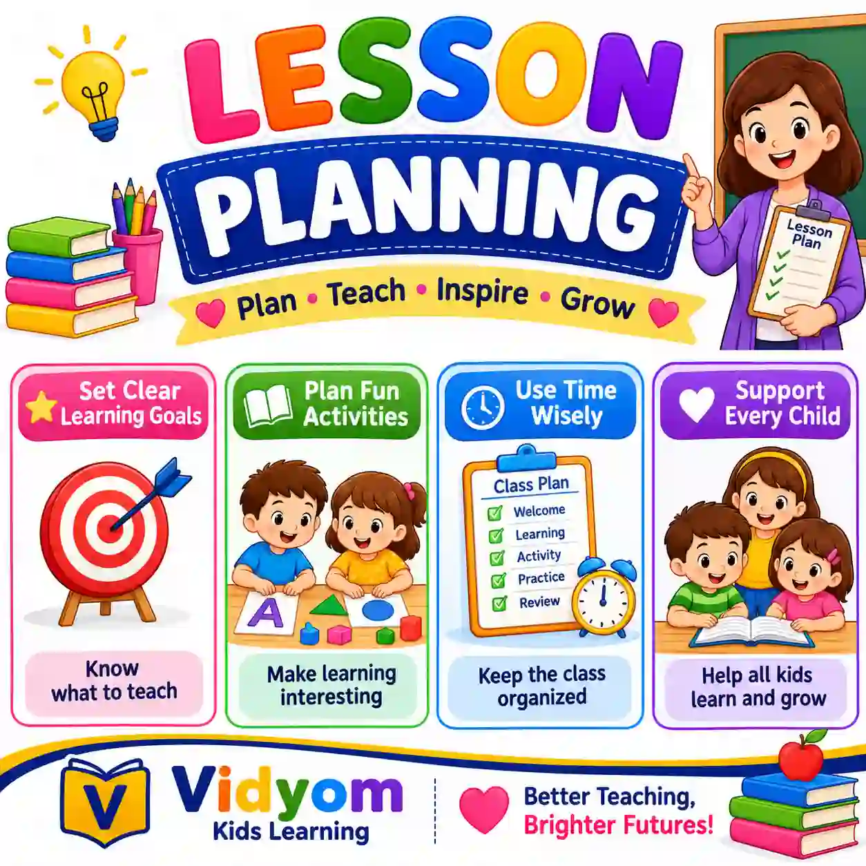 Preschool teacher preparing lesson plans timetables activities curricula and teaching aids