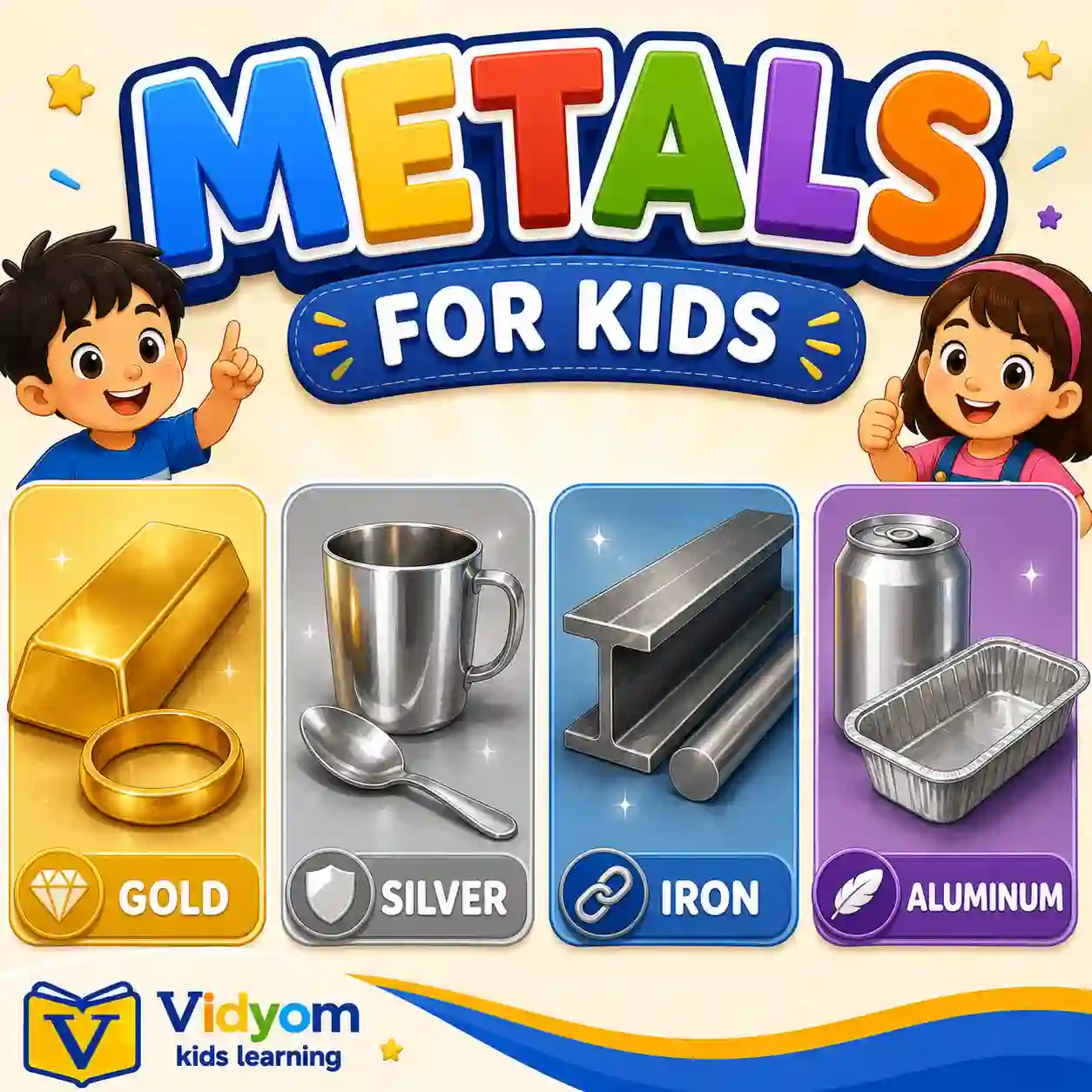 Children learning metal names types properties and everyday objects made from metals