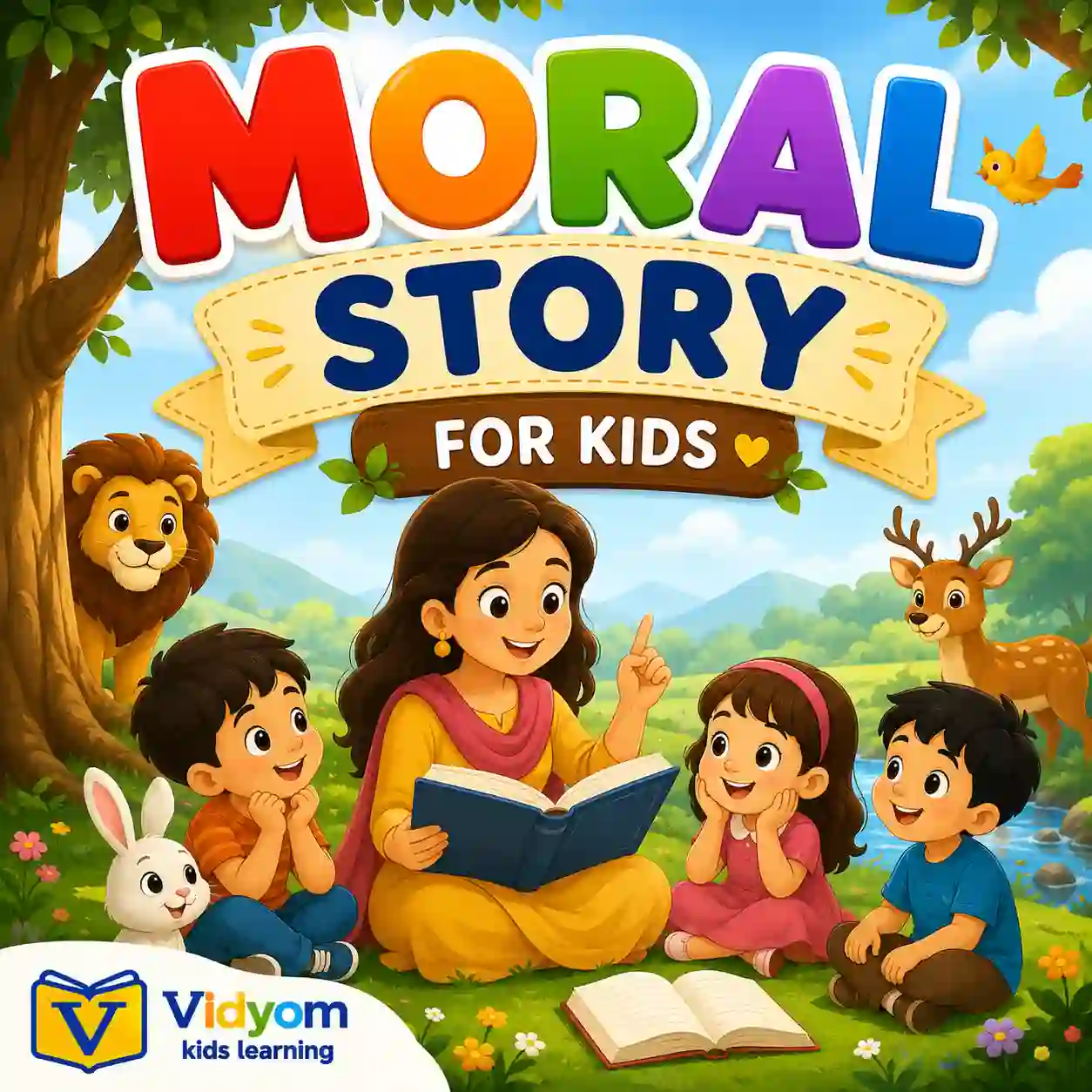 Children reading moral stories about a fox crow lion mouse woodcutter and greedy dog