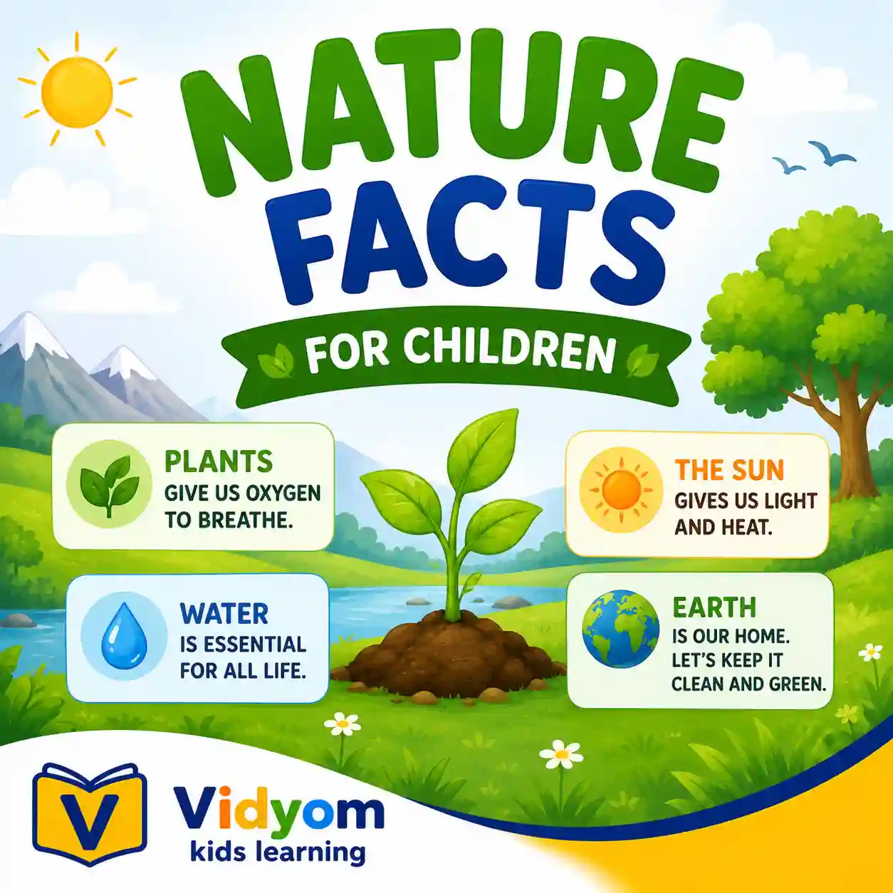 Children learning nature facts about trees rain flowers mountains oceans and rainbows