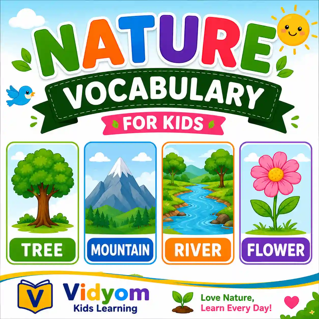 Children learning nature vocabulary about sunny and rainy weather storms seasons sky space and animals