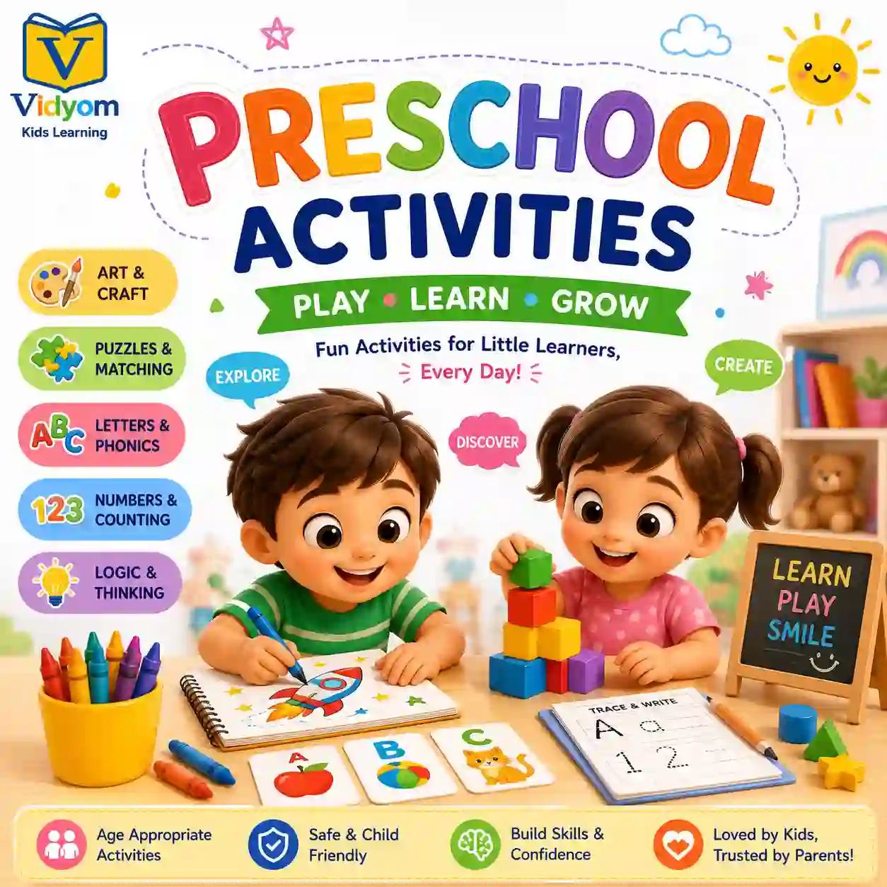 Preschool activities for drawing writing colouring games numbers science and early learning