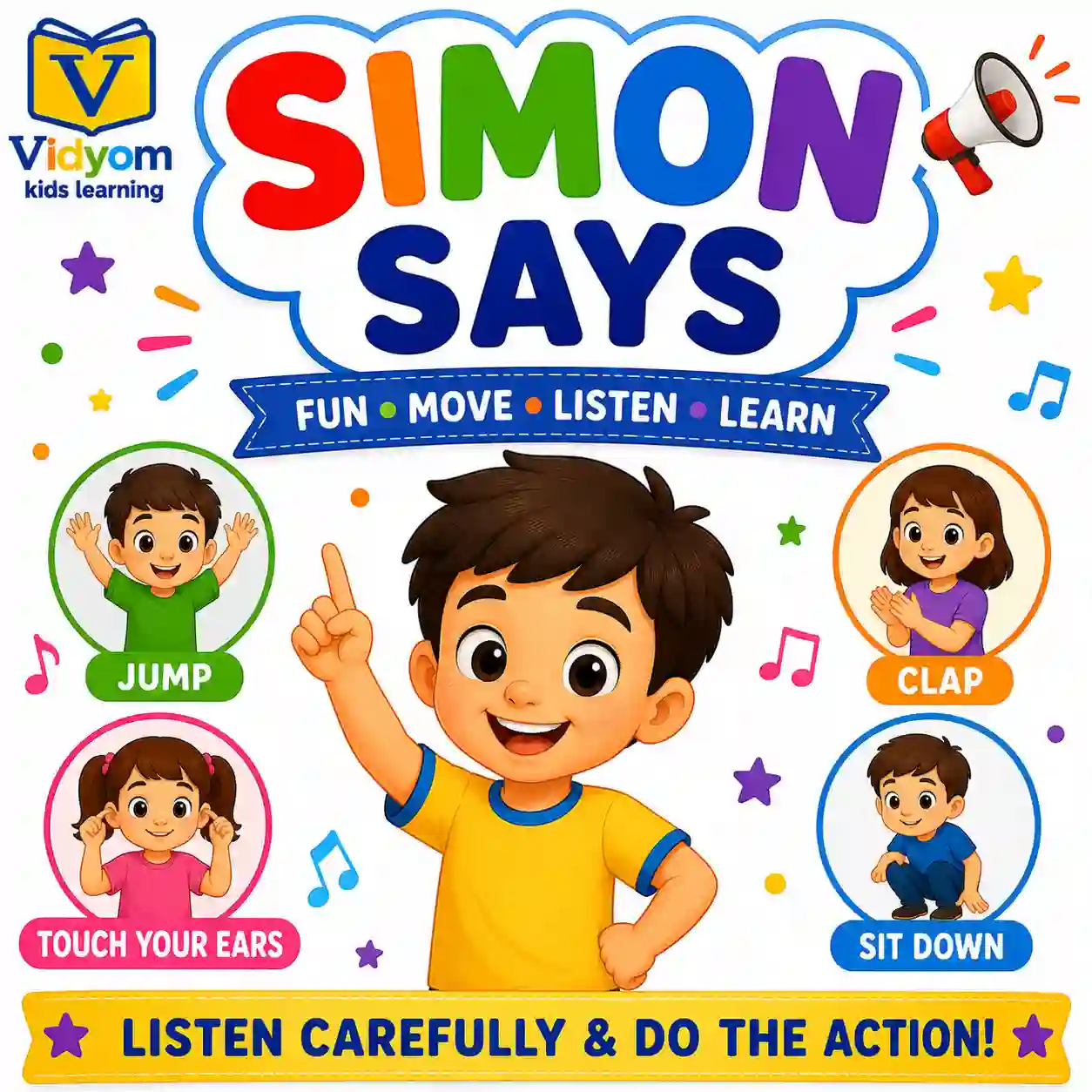 Simon Says activities with movement commands animal actions stretching directions feelings and safety rules for kids