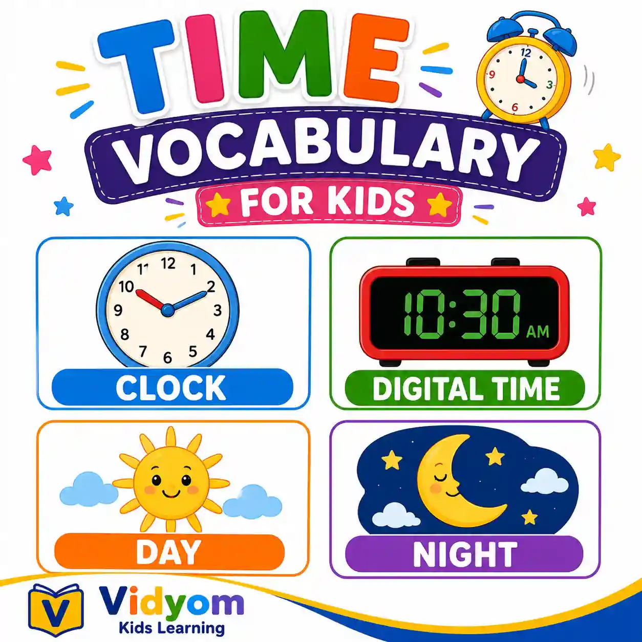 Children learning time vocabulary including today tomorrow days months counting and daily routines