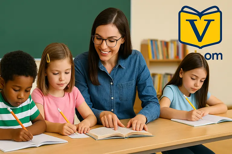 Class 1 teacher helping students read and write in classroom