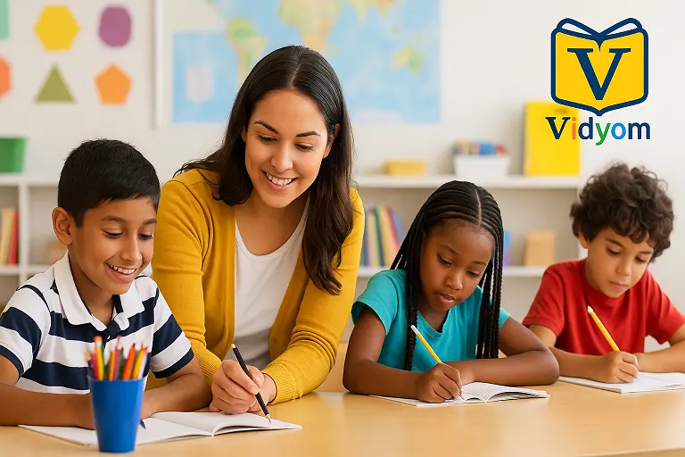 Class 2 teacher helping students learn confidently