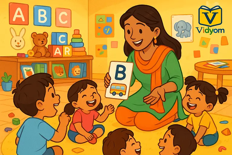 LKG teacher teaching kids using playful methods in classroom