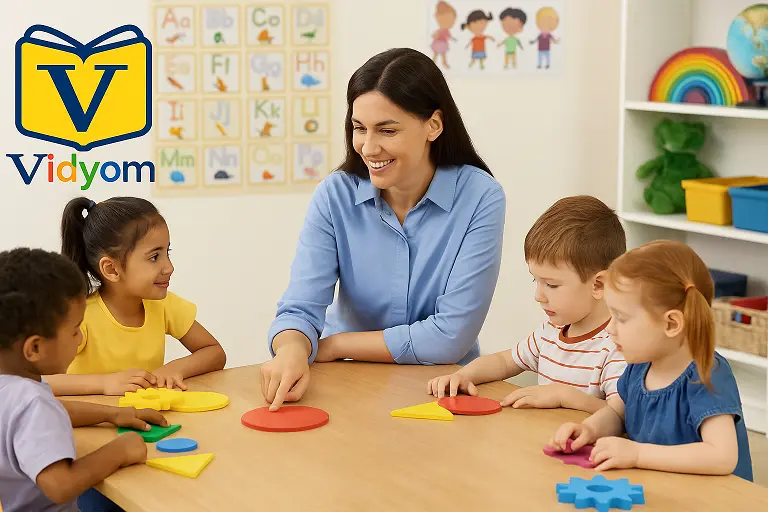 Preschool teaching guides: teacher guiding children with playful classroom activities