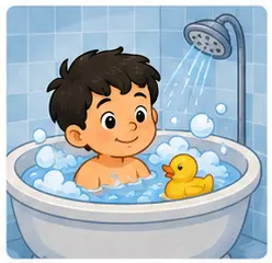 Child taking a bath at night