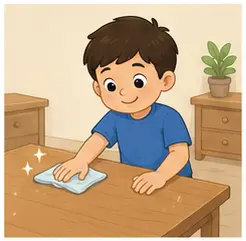 Child cleaning a table