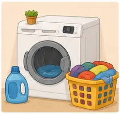 Washing machine and laundry basket with clothes