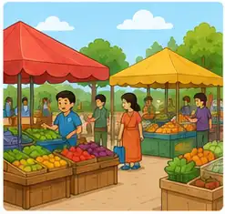 Outdoor market with people and stalls