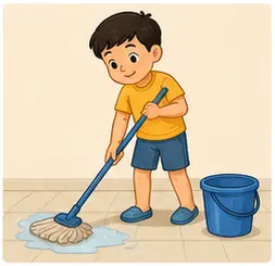 Child mopping the floor with a mop and bucket