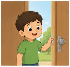 Child opening a door for school action vocabulary for kids