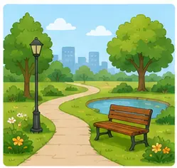 Green park with trees and children
