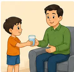 Child serving water to a guest at home