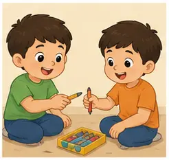 Children sharing crayons for teacher rules vocabulary for kids