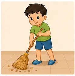 Child sweeping the floor with a broom