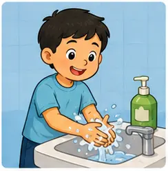 Child washing hands with water