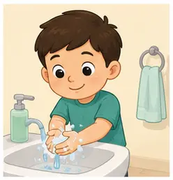 Child washing hands with water