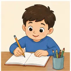 Child writing words for school action vocabulary for kids