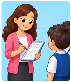Teacher checking student attendance in class