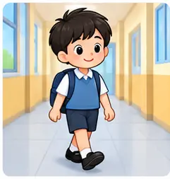 Child walking safely in a school corridor