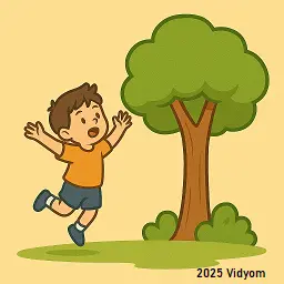 yes or no questions for kids lesson 9: Child trying to jump near a tall tree