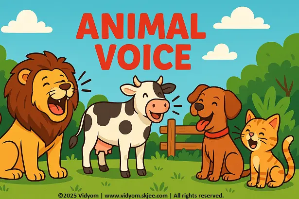 Animal sounds for kids – lion, cow, dog and cat illustration with “Animal Voice” title