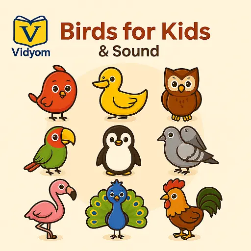 Birds for Kids – Learn Parrot, Duck, Peacock, and Owl with Pictures and Sounds – Vidyom Kids Learning App