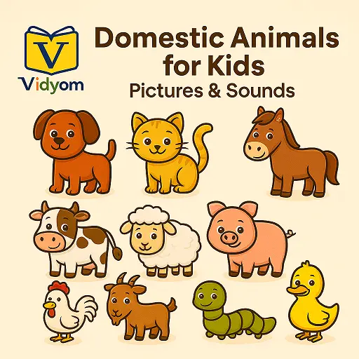 Domestic Animals for Kids – Learn Cow, Dog, Cat, and Goat with Pictures and Sounds – Vidyom Kids Learning App