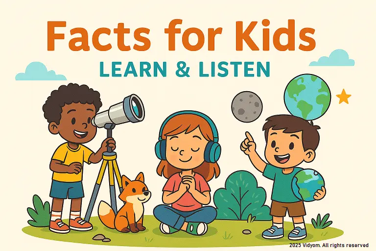 Cartoon kids exploring nature, animals, and science with telescope and globe – Facts for Kids banner
