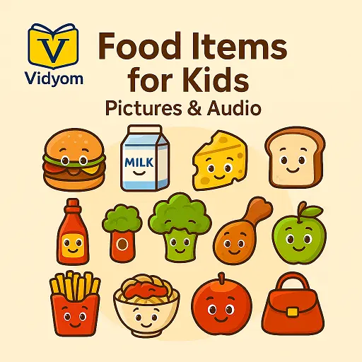 Learn Food Items for Kids with Pictures & Audio – Burger, Milk, Cheese, Bread, and Apple – Vidyom Kids Learning App