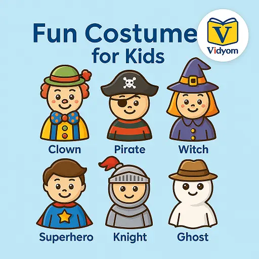 Fun Costumes for Kids – Learn costume names like Clown, Pirate, Witch, and Superhero – Vidyom Kids Learning App
