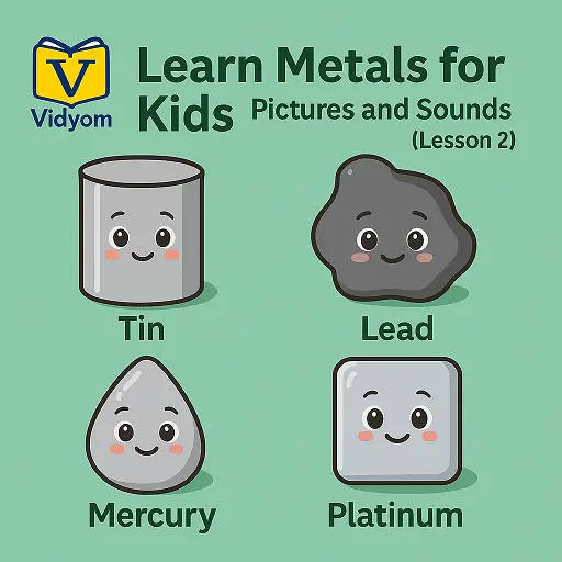 Learn Metals for Kids – Tin, Lead, Mercury, and Platinum – Pictures and Sounds – Vidyom Kids Learning App