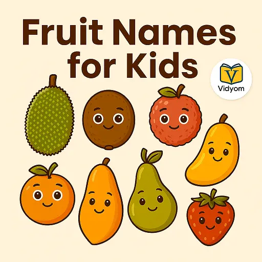 fruit names for kids hero image with cute jackfruit, kiwi, lychee, mango, orange, papaya, pear and strawberry