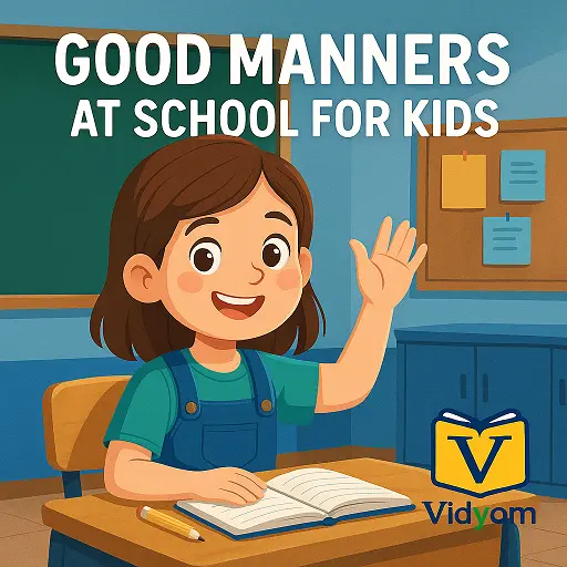 good manners at school for kids – respecting teachers, standing in line, and helping classmates in a classroom