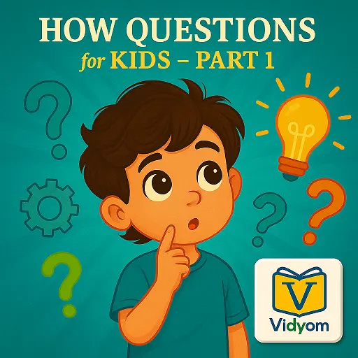 how questions for kids – curious boy looking up with gears, question marks, and light bulb on teal background