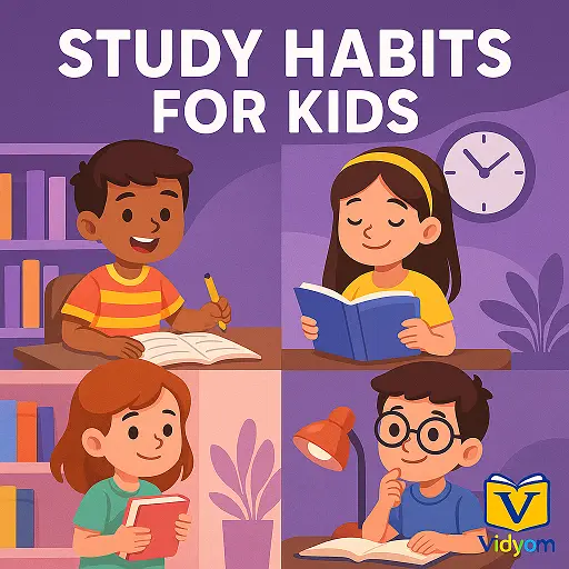 study habits for kids – children reading books, writing homework, and studying under a lamp