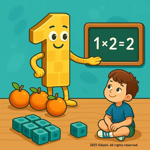 table of 1 for kids – friendly square hero showing 1×2=2 on a board, number 1 character, counting blocks and oranges