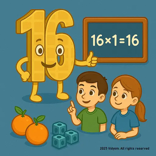 table of 16 for kids – 16× table with pixel-style blocks and friendly digits