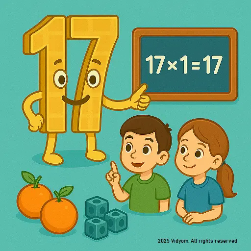 table of 17 for kids – 17× table with cheerful numbers and dot-grid counters