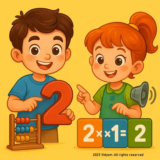 Table of 2 for Kids hero image: two cheerful cartoon kids with a big number 2, blocks showing 2 × 1 = 2, and an abacus on a yellow background.