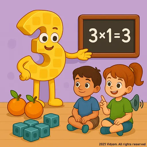 table of 3 for kids – 3× table with cheerful numbers and math cubes