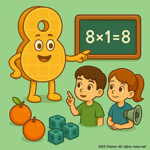 table of 8 for kids – 8× table with smiling numbers and cube towers